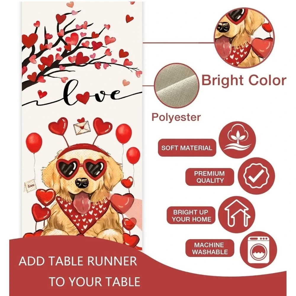 Happy Valentine's Day Golden Retriever Dog Table‎ Runner Hearts Cute New